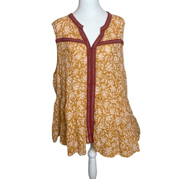 Democracy Plus Sleeveless Boho Blouse 3X Mustard Yellow Red Embroidered Floral - Picture 3 of 11